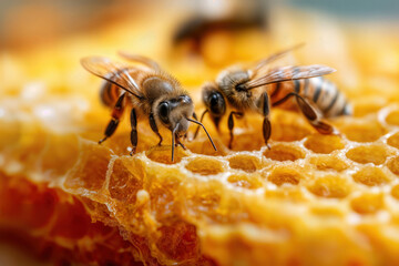 Close-Up of Bees Collecting Nectar on Honeycomb in a Hive