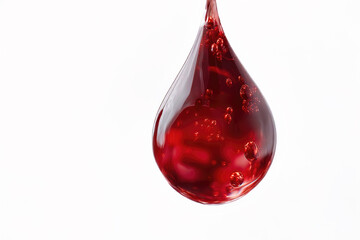 Blood Theme Close-Up of a Red Liquid Drop with Bubbles on White