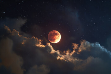 Blood Moon Illuminates Night Sky Amidst Dramatic Cloudscape and