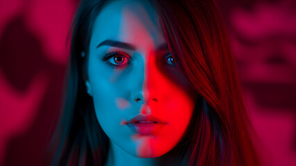 Obraz premium Split face portrait with red and blue lighting