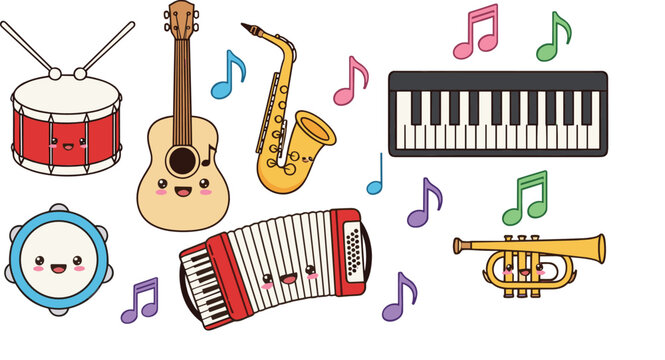Cute musical instrument character set with drum guitar saxophone piano accordion trumpet in playful flat vector illustration