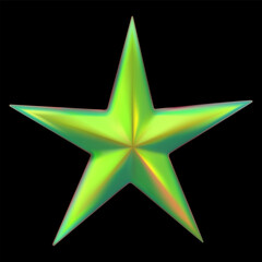 Obraz premium Green holographic sparkle star 3D vector, Y2K iridescent five-pointed star front view, realistic shine space emoji
