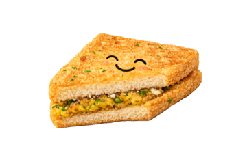 A toasted sandwich with a smiley face on a black background