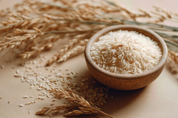 Rice White Grains in Wooden Bowl Surrounded by Golden Rice Stalks on Beige