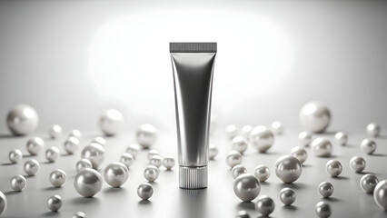 A sleek electric shaver standing amidst numerous small metallic spheres on a reflective surface