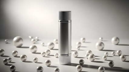A sleek silver perfume bottle surrounded by water droplets on a reflective surface