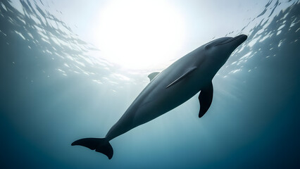 Dolphin swimming underwater towards sunlight
