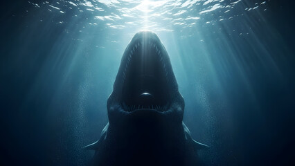 Mysterious underwater scene with a large sea creature