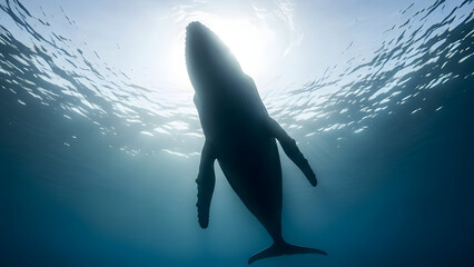 Humpback whale swimming underwater towards sunlight