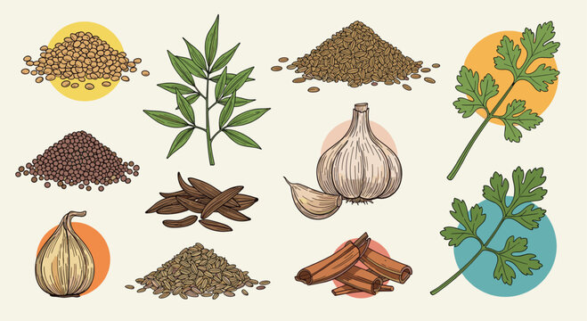 Artistic collection of hand drawn spices and herbs featuring garlic, cumin seeds, coriander leaves, and cinnamon sticks.