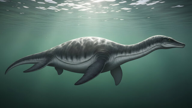 An ichthyosaur swimming underwater in the ocean