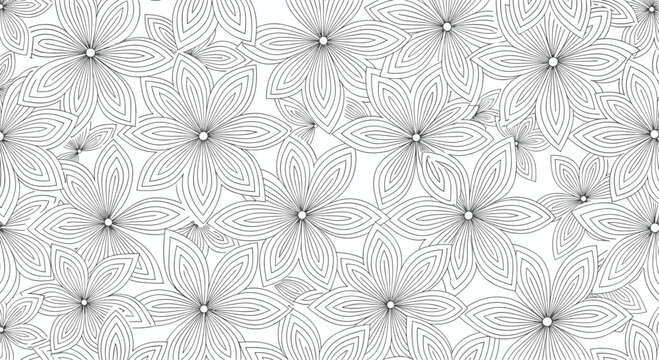 Detailed line art seamless pattern of large blooming flowers with many petals in a classic monochrome design.