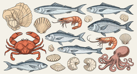 Diverse collection of colorful hand drawn seafood illustrations including various fish, crab, shrimp, octopus, and sea shells on cream.