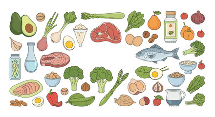 Comprehensive healthy food collection featuring various vegetables, fruits, meat, fish, eggs, and nuts for a balanced diet and nutrition.