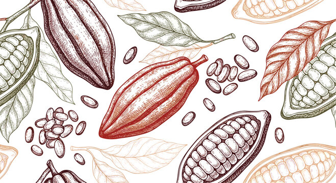 Vintage hand drawn cocoa beans and pods seamless pattern with detailed sketch of chocolate ingredients on white background.