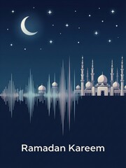 Ramadan kareem greeting card with majestic mosque, crescent moon, stars, and dynamic sound waves at night