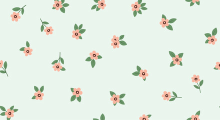 Minimalist small pink flowers and green leaves seamless pattern on a pale green background for subtle and clean design projects.