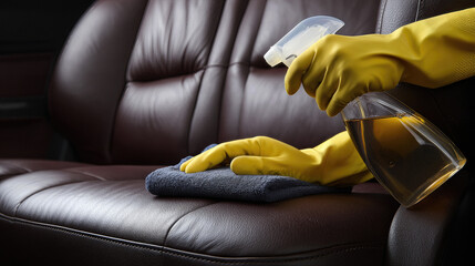 Car Seat Cleaning Process with Yellow Gloves and Spray Bottle for Pristine Interior