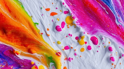 Vivid abstract paint splatter mixing bright colors on white background