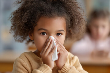 Flu Affected Child Blowing Nose in Classroom - Concerned Expression Captured Indoors for Health