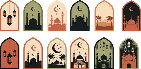 Islamic arch window illustrations with mosque silhouettes crescent moon stars and lanterns in warm color flat vector set © Asik