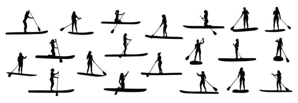 Sup silhouette stand up paddle boarding set isolated