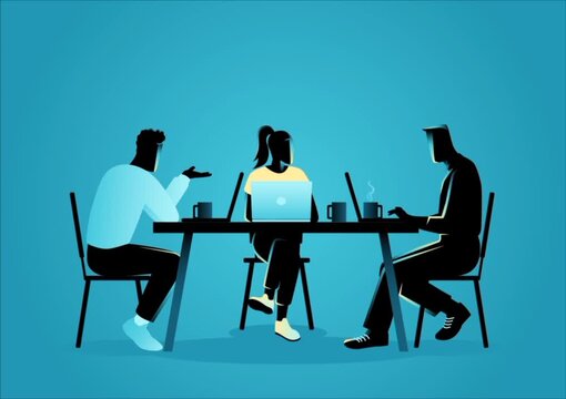 A silhouette of a businessman and woman sitting at a cafe table with a laptop and coffee for a business meeting illustration,a friends circle siting on chair