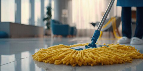 Cleaner Using Yellow Mop for Shiny Floor Cleaning in Modern Living
