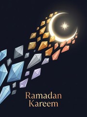 Elegant ramadan kareem greeting with glowing crescent moon and geometric crystals