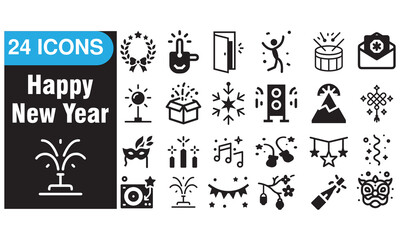 Happy New Year Icons Set: 24 Line Vector Icons for Party, Fireworks & Celebration