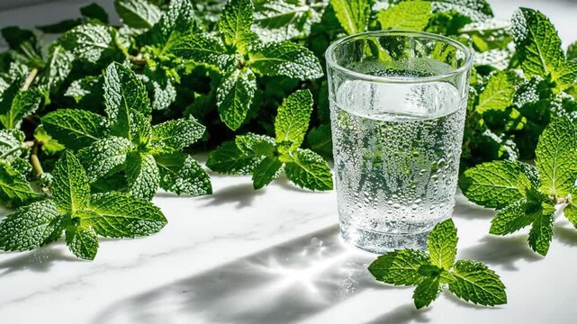 Refreshing Sparkling Water With Fresh Mint Leaves On Marble Surface In Sunny Day
