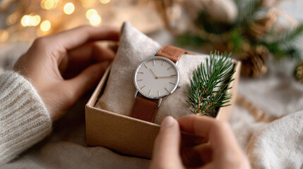 Watch Display Elegant Brown Leather Wristwatch in Gift Box with Festive
