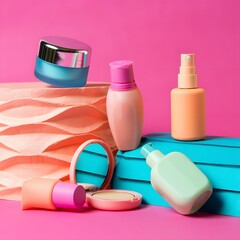 Colorful Skincare and Makeup Product Shot on Pink Background