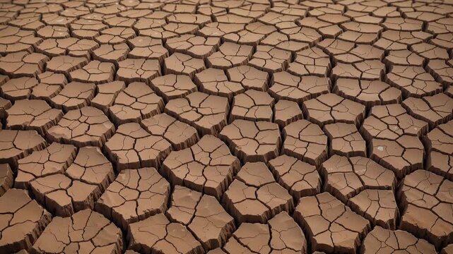 Parched earth with deep cracks in dried lake bed. Panning wide shot.