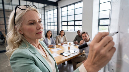 Confident businesswoman presenting on whiteboard in modern office meeting