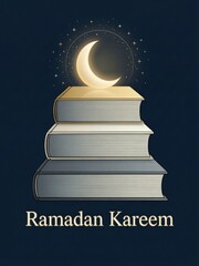 Spiritual ramadan kareem greeting illustration with golden crescent moon, celestial stars, and stack of holy books