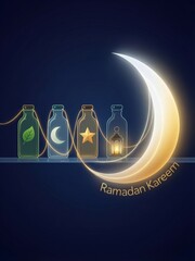 Ramadan kareem greeting card with golden crescent moon, bottles & islamic symbols