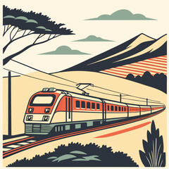 Modern train traveling through scenic mountains