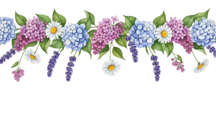 high-quality watercolor floral garland of purple lilac, blue hydrangea, and white daisy clusters, arranged flat lay on a transparent background with ample copy space below, concept of elegant