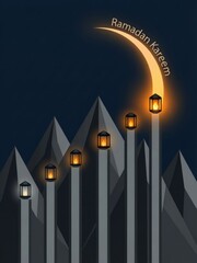 Ramadan kareem greeting with glowing lanterns and golden crescent moon over stylized mountains