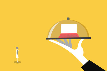 Laptop computer being served on platter to a business woman, symbol of g instant digital solutions, premium IT services, and the ease of remote work technology