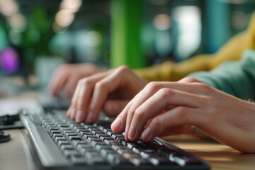 Computer Lab Focused Typing on Keyboard in Modern Workspace for Efficient