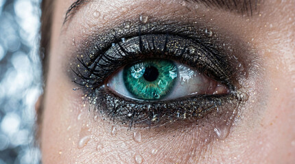 Close-up of a green eye with glitter makeup and water droplets, beauty concept