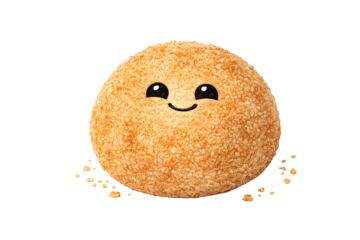 A smiling ball of golden crumbs on a black background