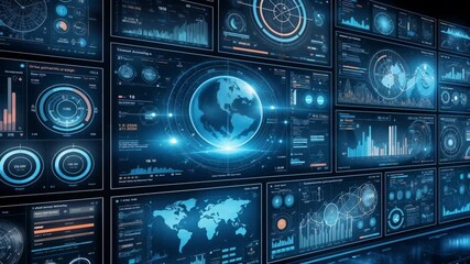 Statistical interface featuring world map and glowing globe. Zoom in shot of complex data visualization. - Powered by Adobe