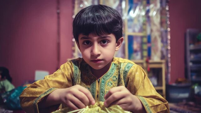 Young boy in traditional golden attire carefully tying a drawstring bag with focus