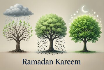Ramadan kareem greeting with symbolic trees: spiritual growth, renewal, rain, moon, and stars