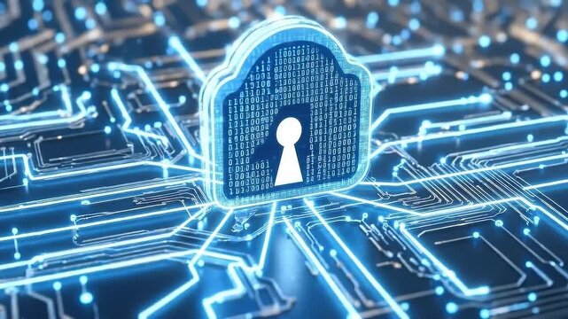 Digital cloud security, data protection concept with glowing circuits, abstract technology background, cyber safety