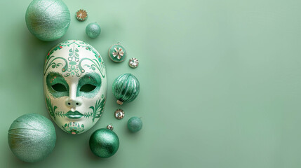 White carnival mask with pastel green petals mandala flowers feathers pearls soft background