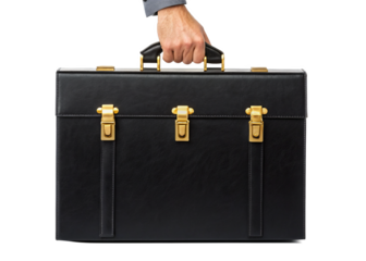 hand holding the handle of a black vintage briefcase isolated on a transparent background.